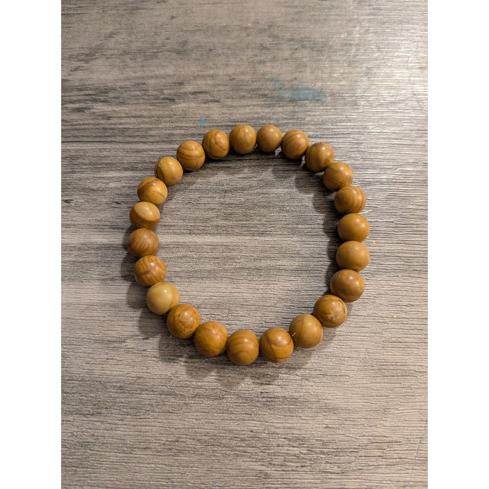Natural Wood Bead Stretch Bracelet Earthy Boho Zen Minimalist Jewelry Tan Brown